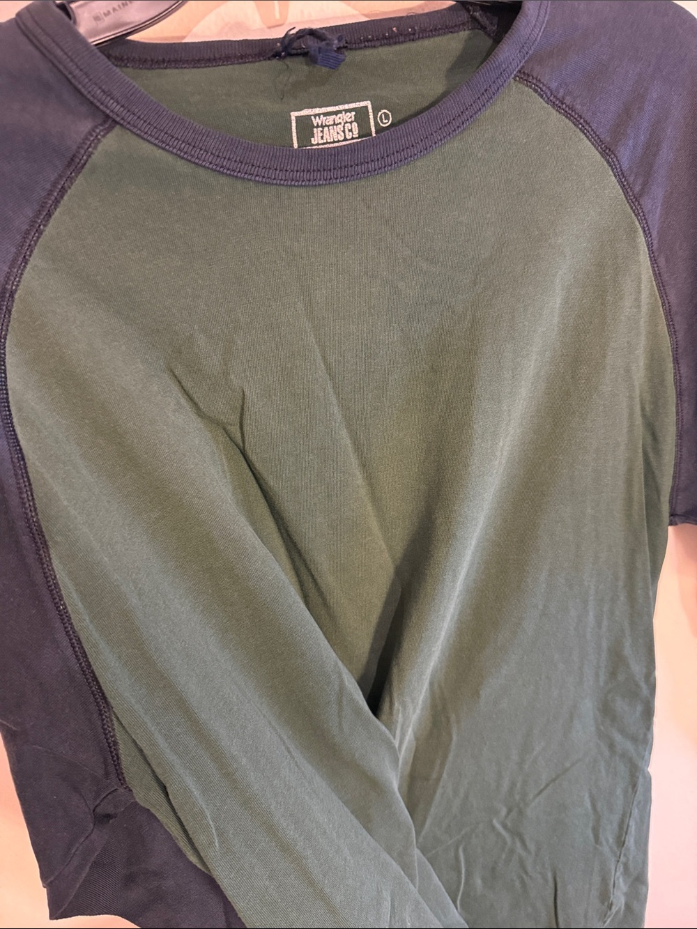 Wrangler Jersey Tee in Green and Navy Long Sleeve Raglan Tee